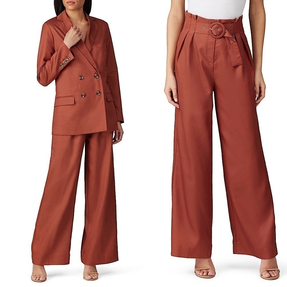 SWEET BABY JAMIE High Rise Rust Flowy Wide Leg Pleated Paperbag Waist Trousers 4
